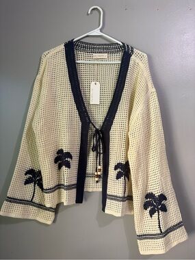 NWT Crochet Tie Waist Cardigan with Beaded Tie